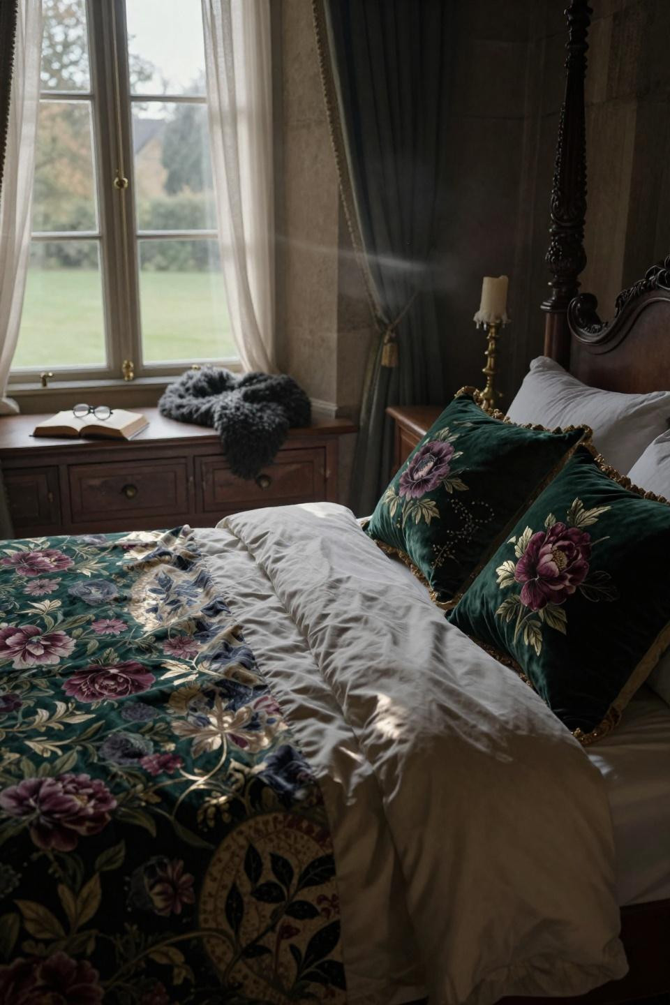 Moody Master Bed - dark floral bedding with emerald velvet