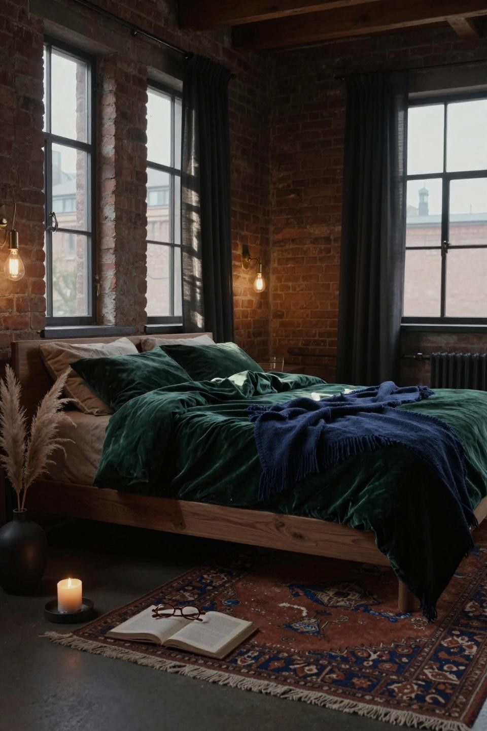 Earthy Moody Bedroom - forest green velvet with Turkish kilim rug