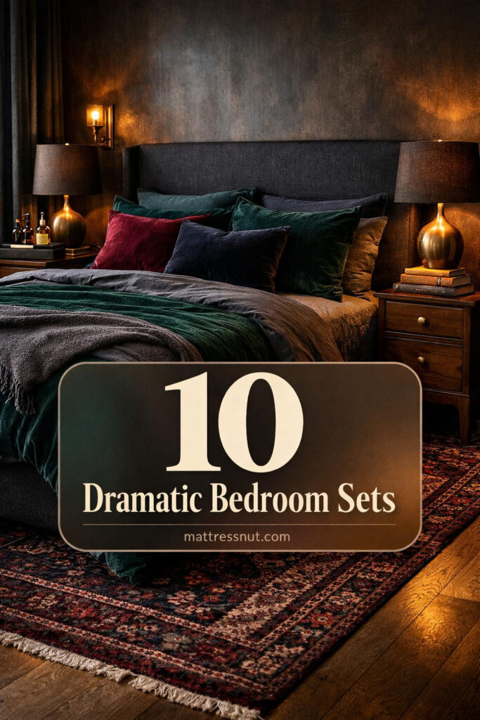Dark charcoal and deep navy bedding layered with textured throws and velvet pillows in a dimly lit bedroom sanctuary