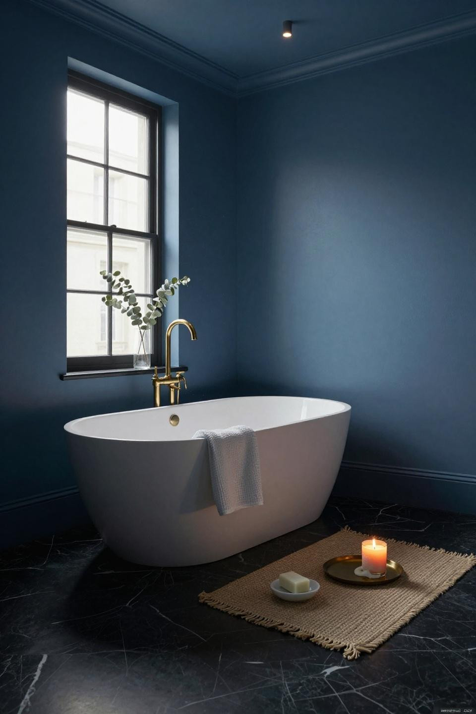 freestanding oval tub on nero marquina black marble floor with powder blue walls and brass floor-mounted filler