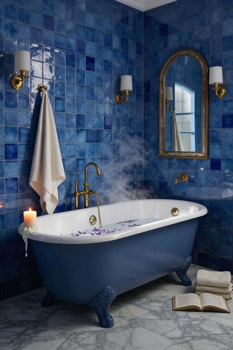 freestanding clawfoot tub on carrara marble floor with cobalt zellige tiles and brass fixtures