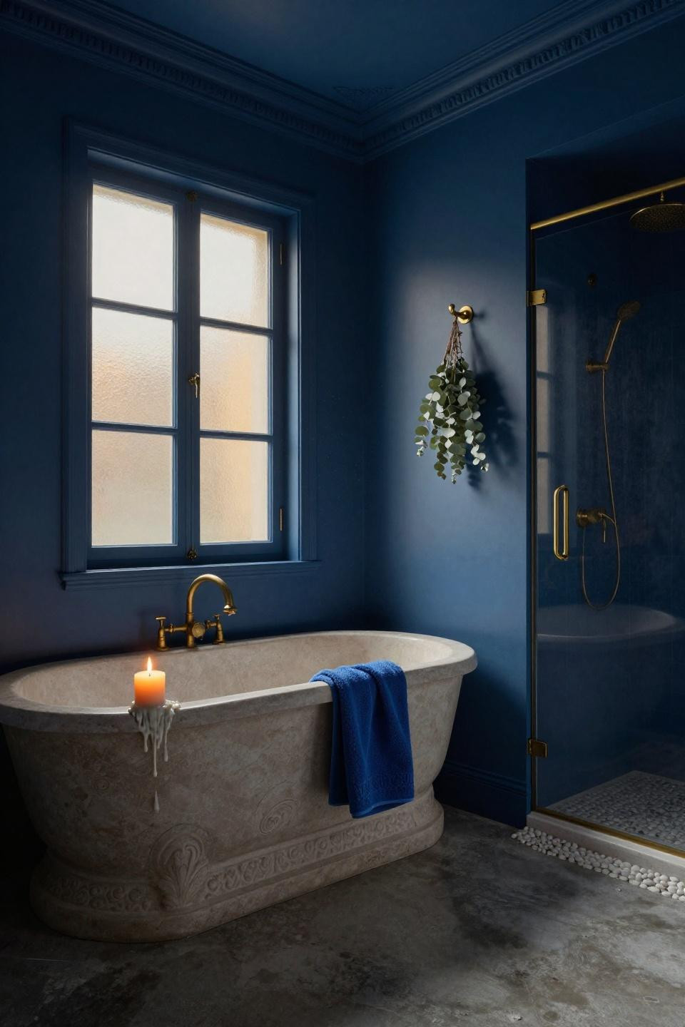 hand-carved limestone bathtub in converted parisian apartment with navy walls and brass fixtures