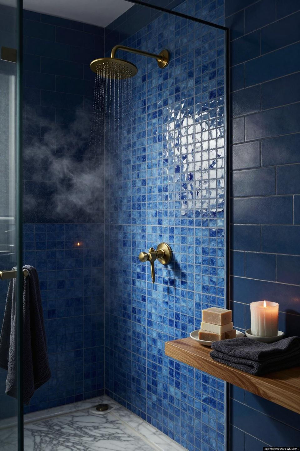 moody blue bathroom shower with cornflower mosaic tile niches and brass rainfall showerhead on hexagonal marble floor