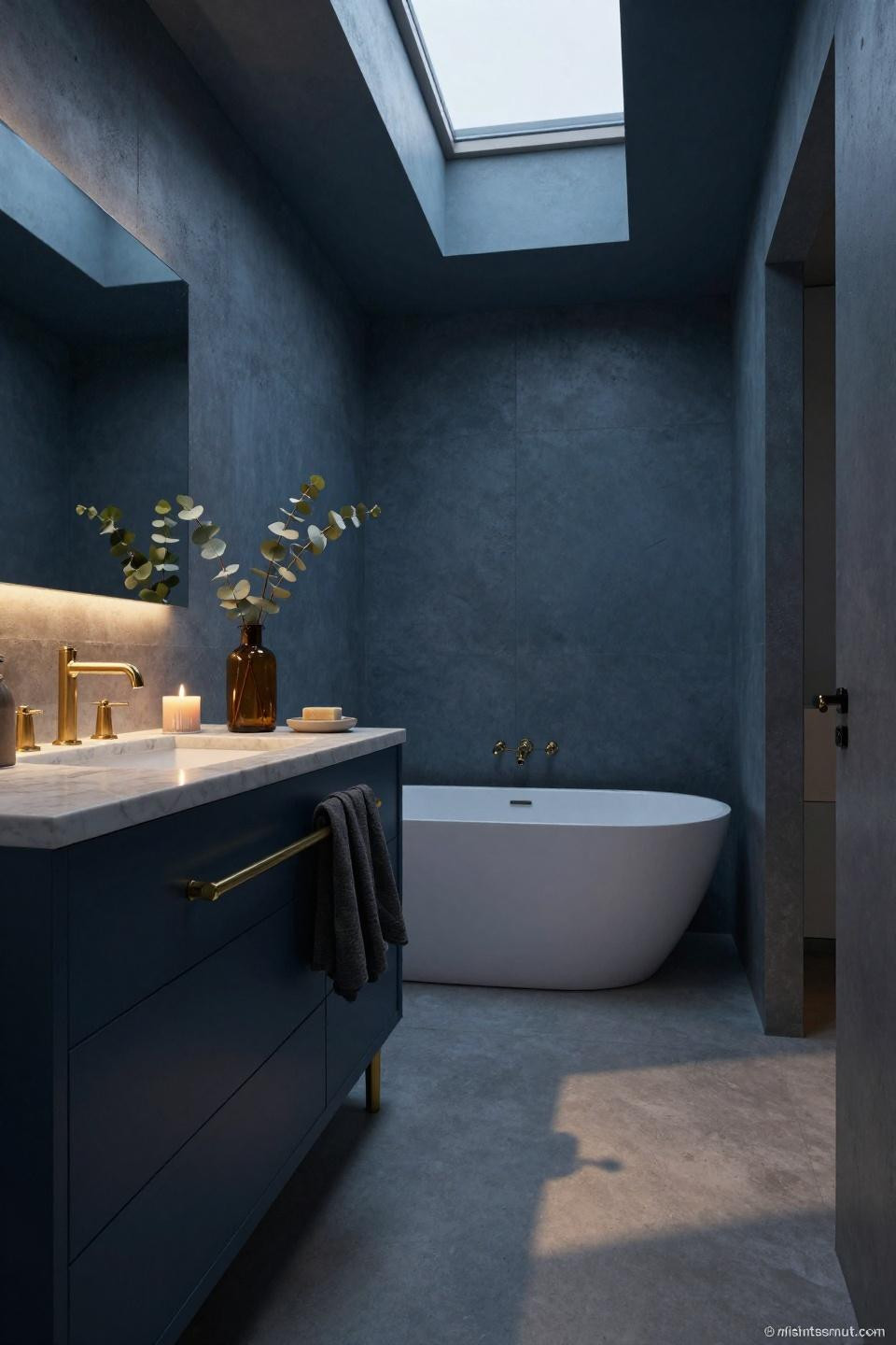 navy vanity with integrated brass towel bar against raw concrete walls and white marble in moody bathroom
