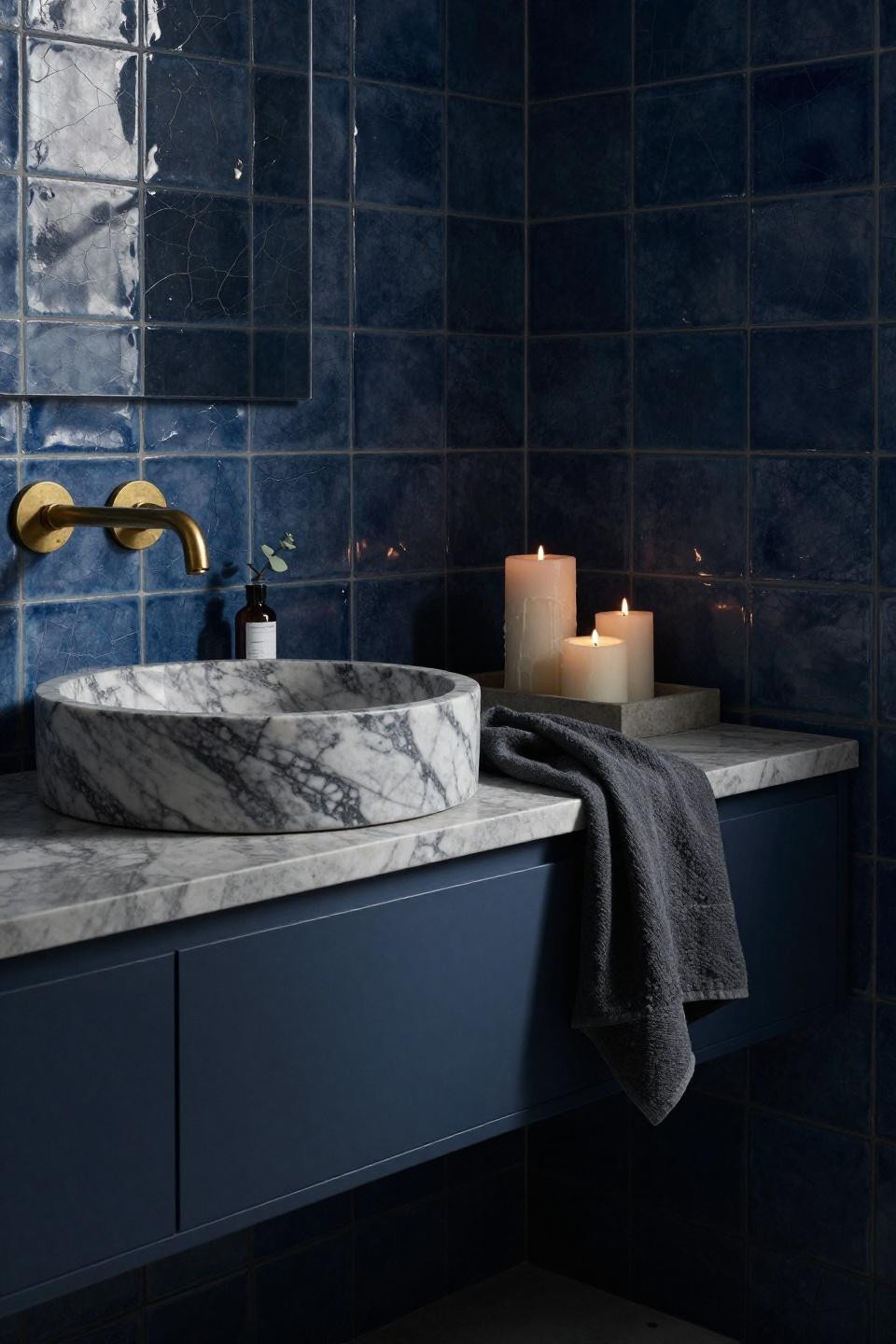 deep navy floating vanity with round marble basin and handmade crackle-glaze midnight blue ceramic tiles