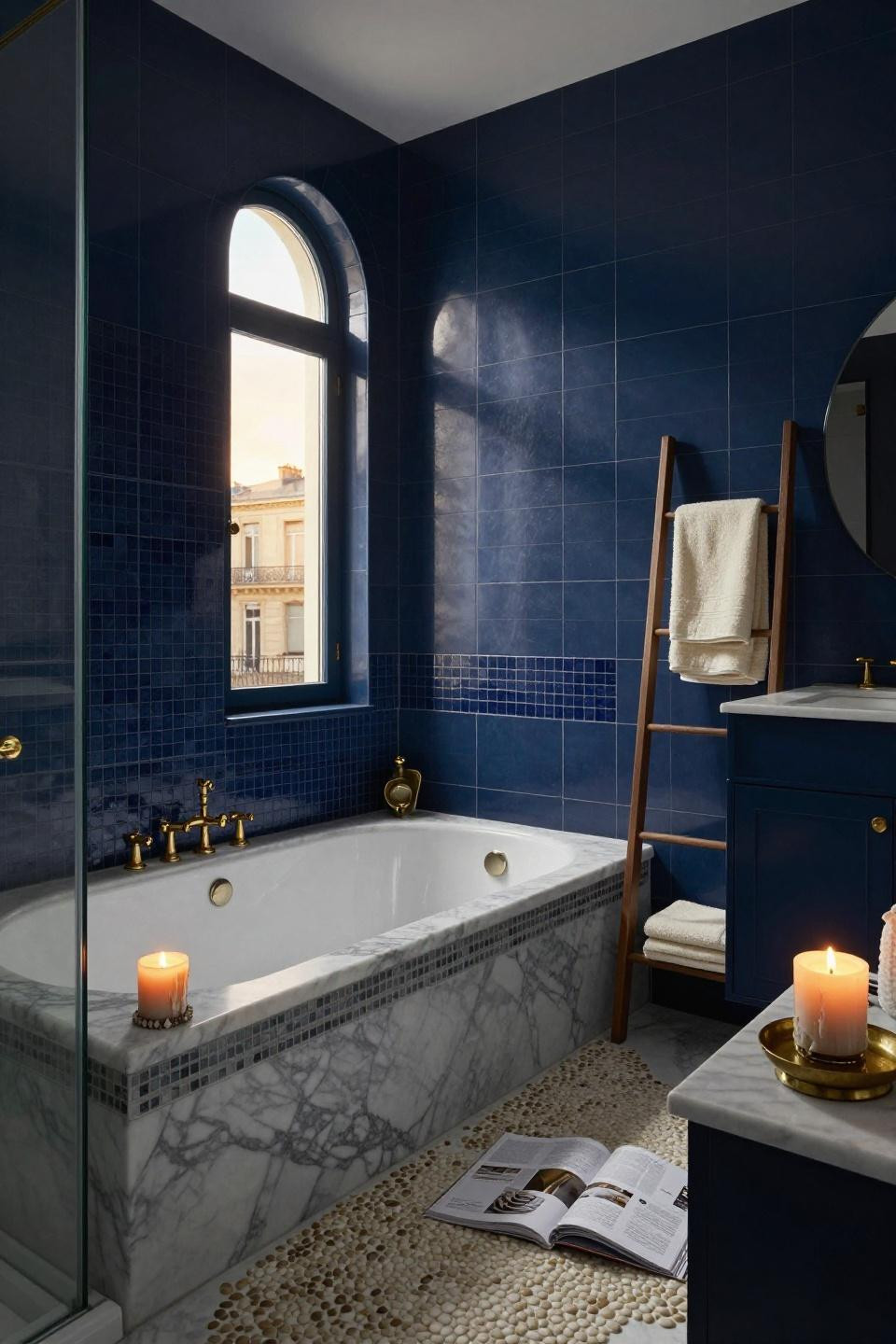 sunken marble bathtub with linear mosaic border in navy bathroom with brass fixtures and arched window