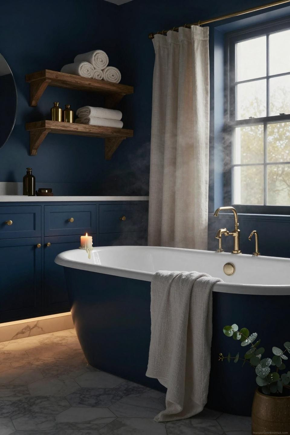 midnight navy freestanding tub with reclaimed oak beam shelving and brass hardware in moody blue bathroom