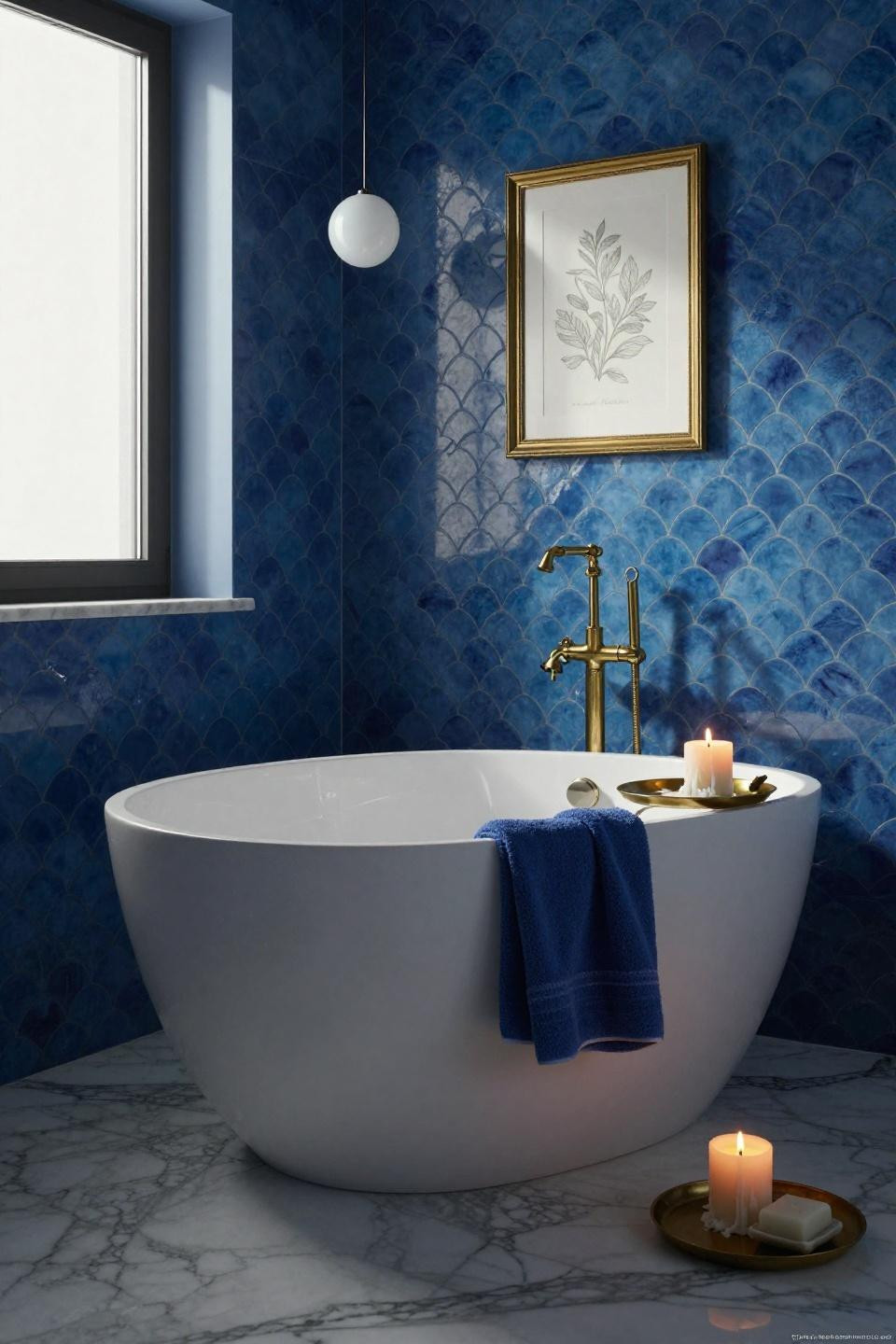freestanding white soaking tub in moody blue bathroom with cobalt zellige fishscale tiles and brass floor-mounted filler