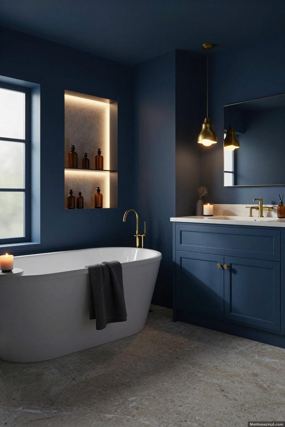 freestanding white tub in moody blue bathroom with led-lit wall niche and brass pendant light over denim vanity