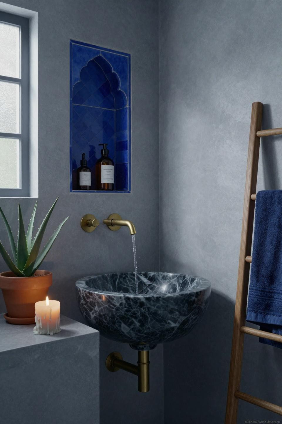 unlacquered brass waterfall faucet cascading into carrara marble vessel sink with moroccan zellige niche