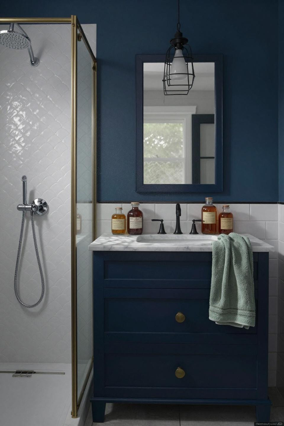 double shower with white fish-scale tiles and navy shaker vanity with brass hardware and marble countertop