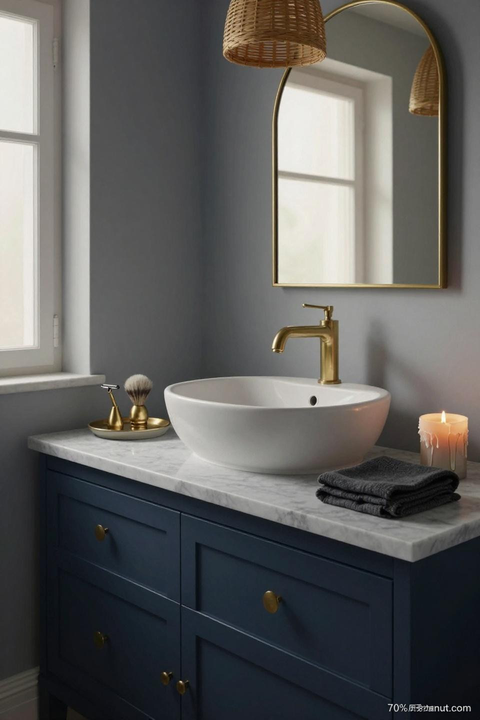 navy shaker vanity with asymmetric white vessel sink and brass fixtures under arched mirror in parisian bathroom