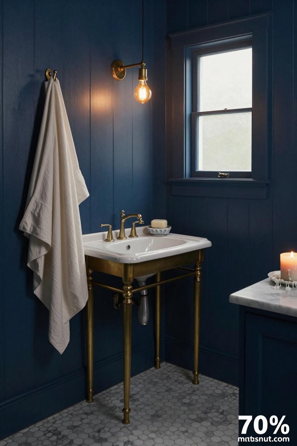 victorian console sink with brass legs on hexagonal carrara marble floor in navy shiplap bathroom