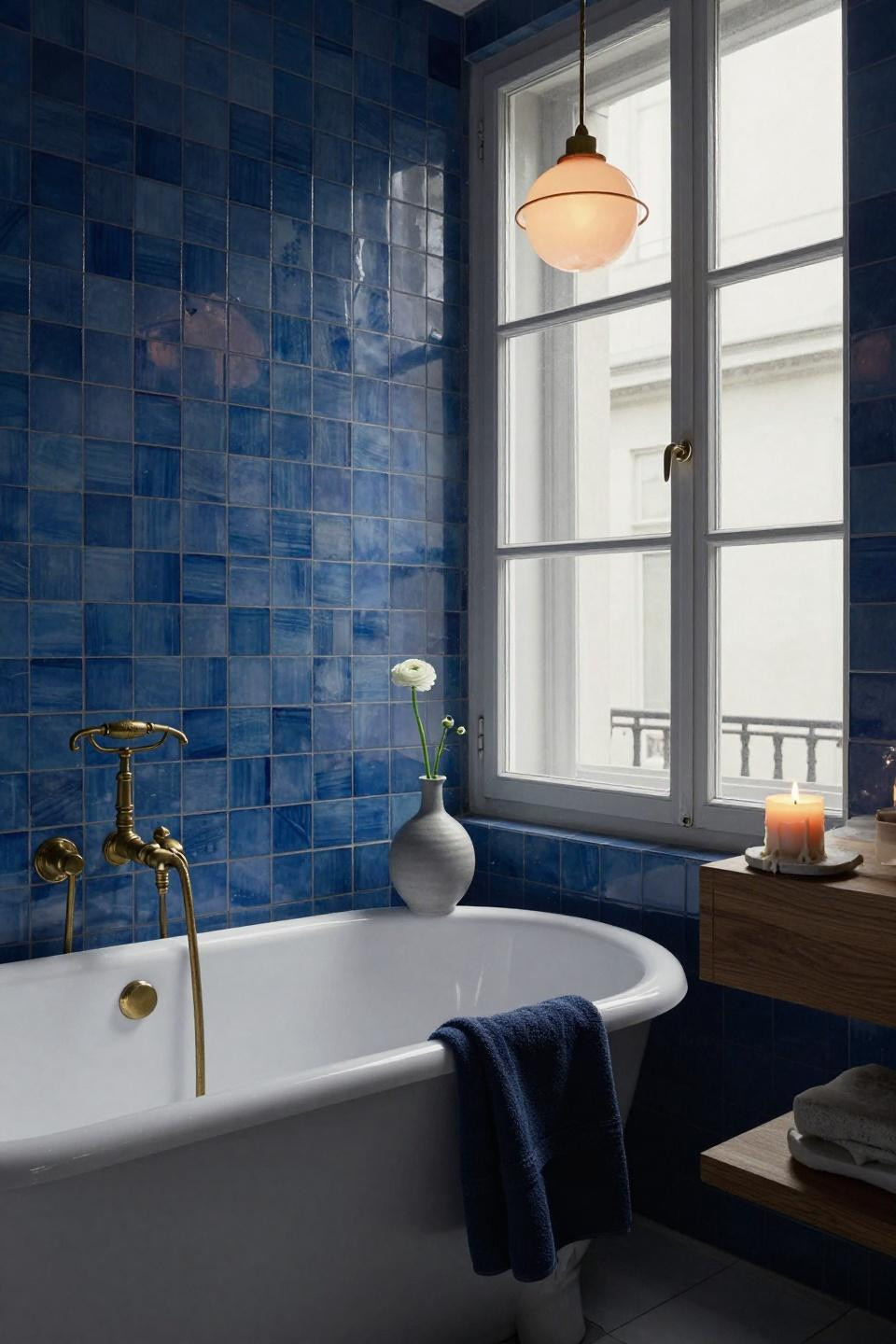 matte white apron-front bathtub beneath tall window with cobalt zellige tiles and aged bronze fixtures