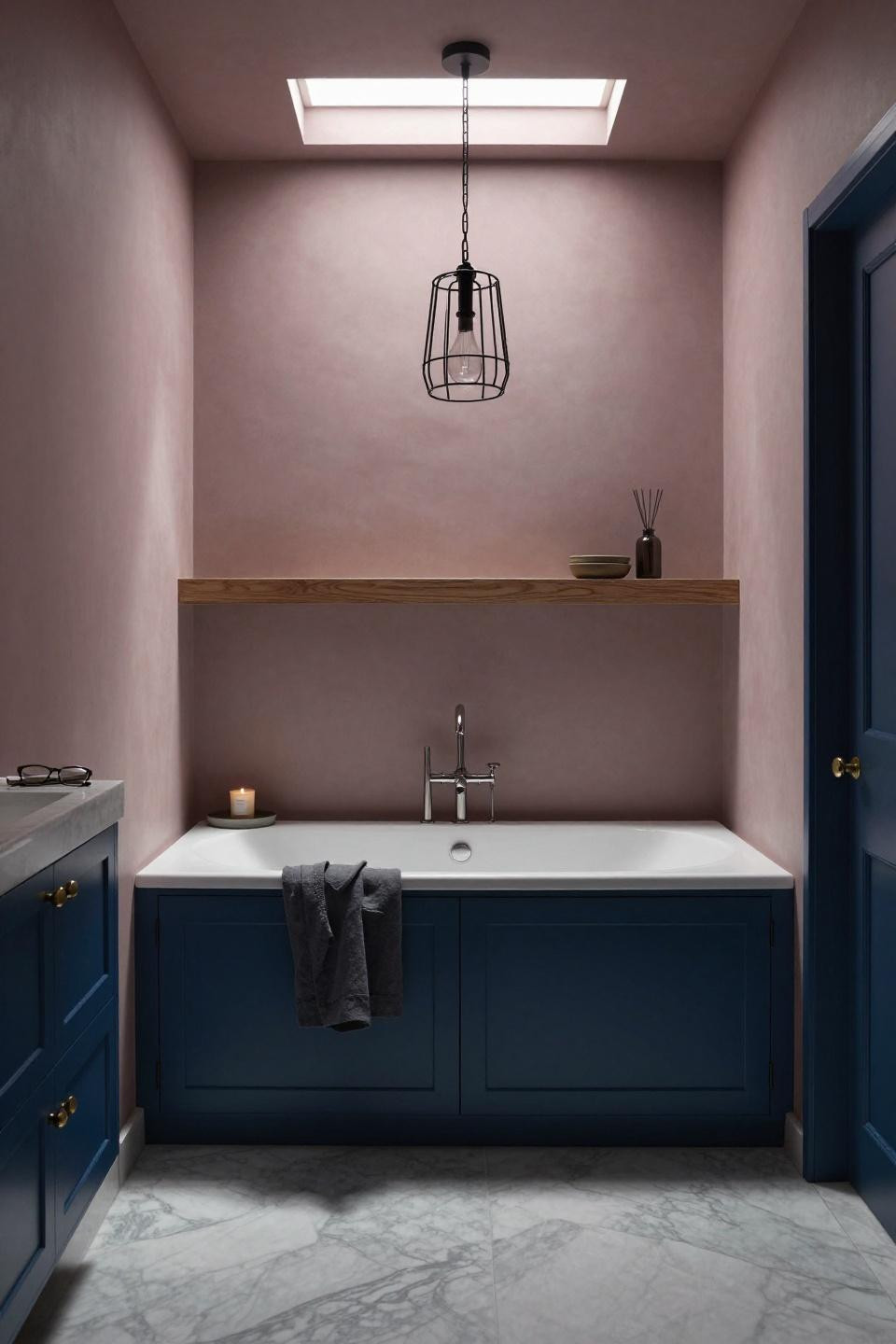 cantilevered walnut vanity shelf in moody bathroom with dusty rose walls and denim blue cabinet under skylight