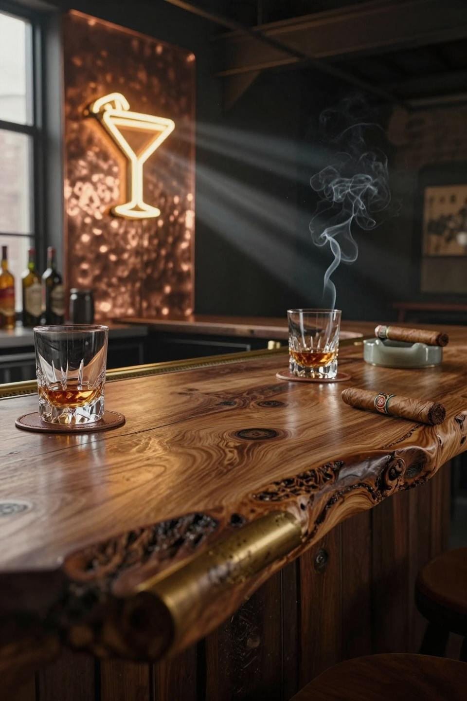 reclaimed wood bar top with live edge and polished unlacquered brass foot rail against copper backsplash panels