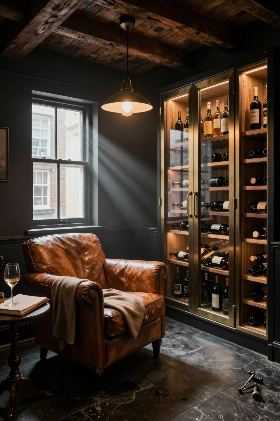 floor-to-ceiling wine storage with blackened steel frames and glass cellar door in london townhouse basement