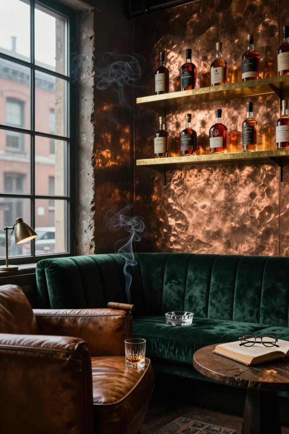 forest green velvet banquette against hammered copper wall panels in tribeca warehouse loft man cave