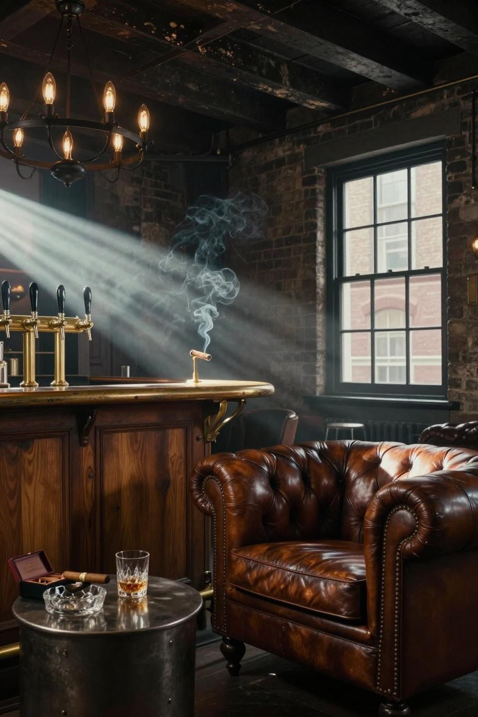 custom walnut bar with integrated brass beer tap system and exposed brick walls in london townhouse vault