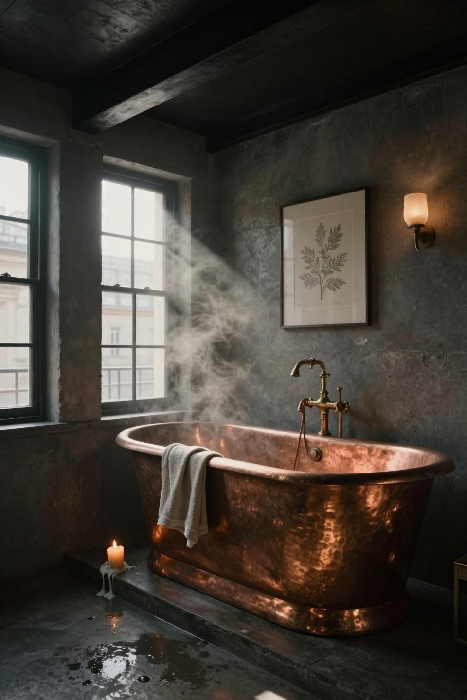 Moody Bathroom - concrete walls with copper tub