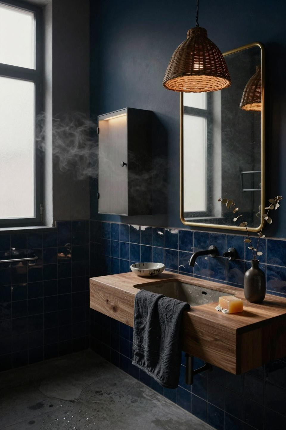 Moody Bathroom - navy zellige with backlit cabinet