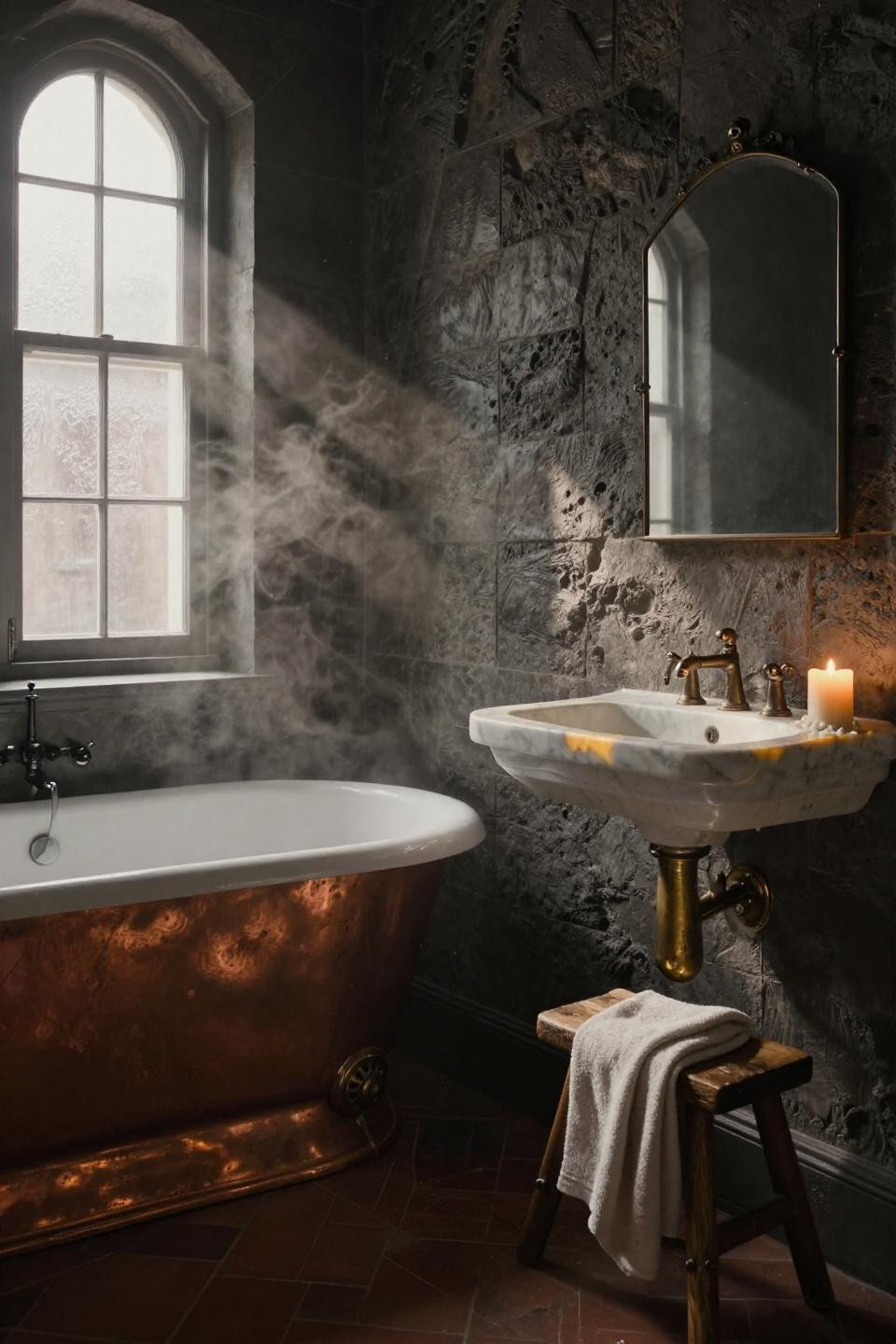 Moody Bathroom - limestone wall with copper tub