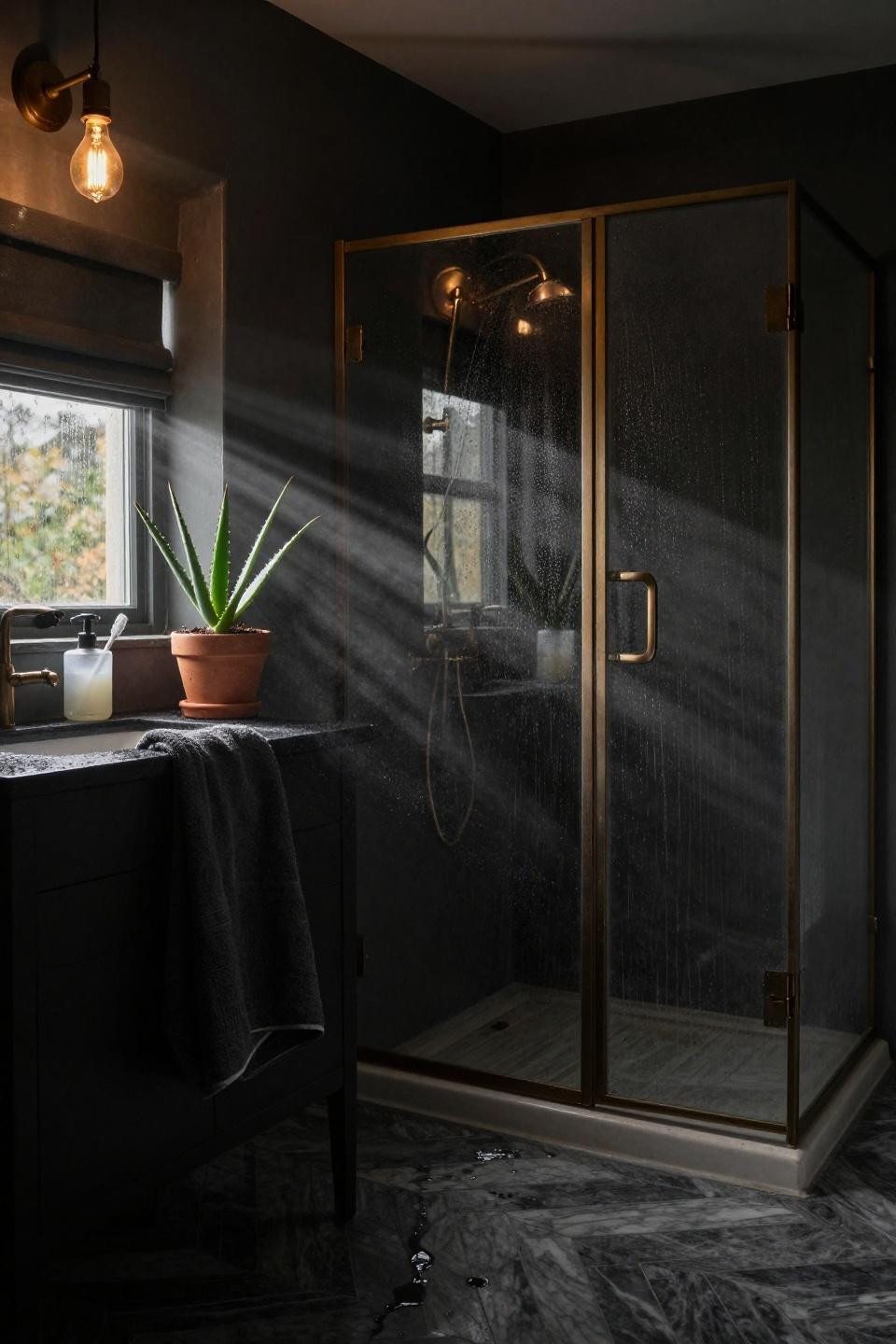 Moody Bathroom - double shower with herringbone marble