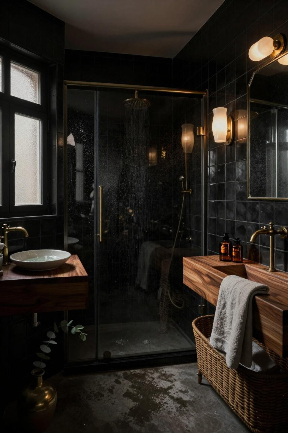 Moody Bathroom - floating walnut vanity with brass fixtures