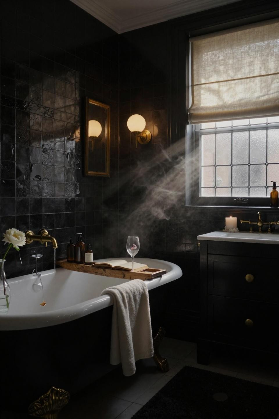 Moody Bathroom - black zellige tile with brass fixtures