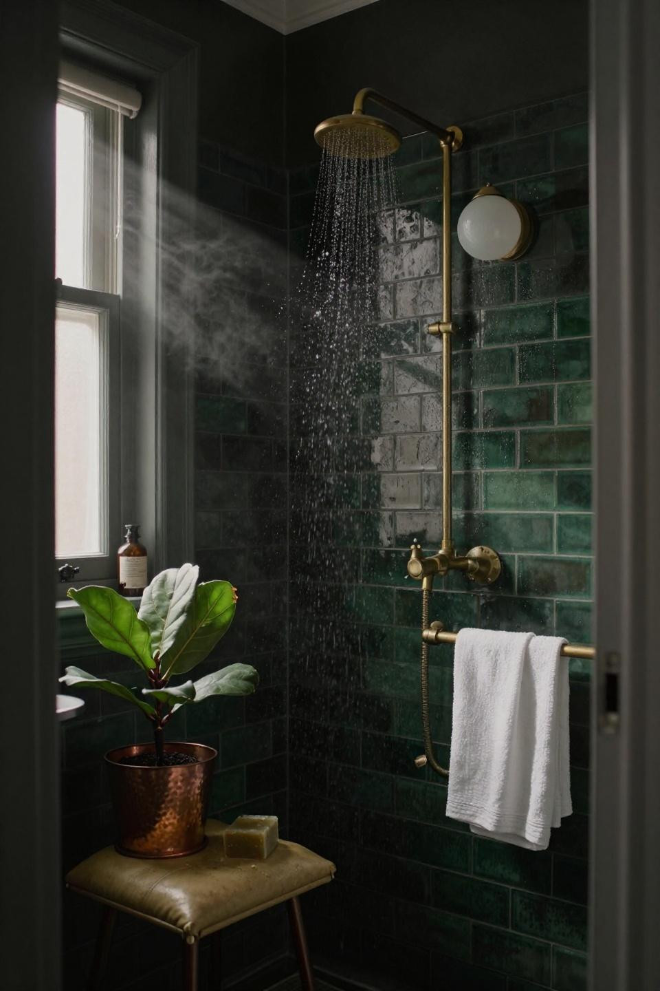 Moody Bathroom - green tile with opal glass pendants