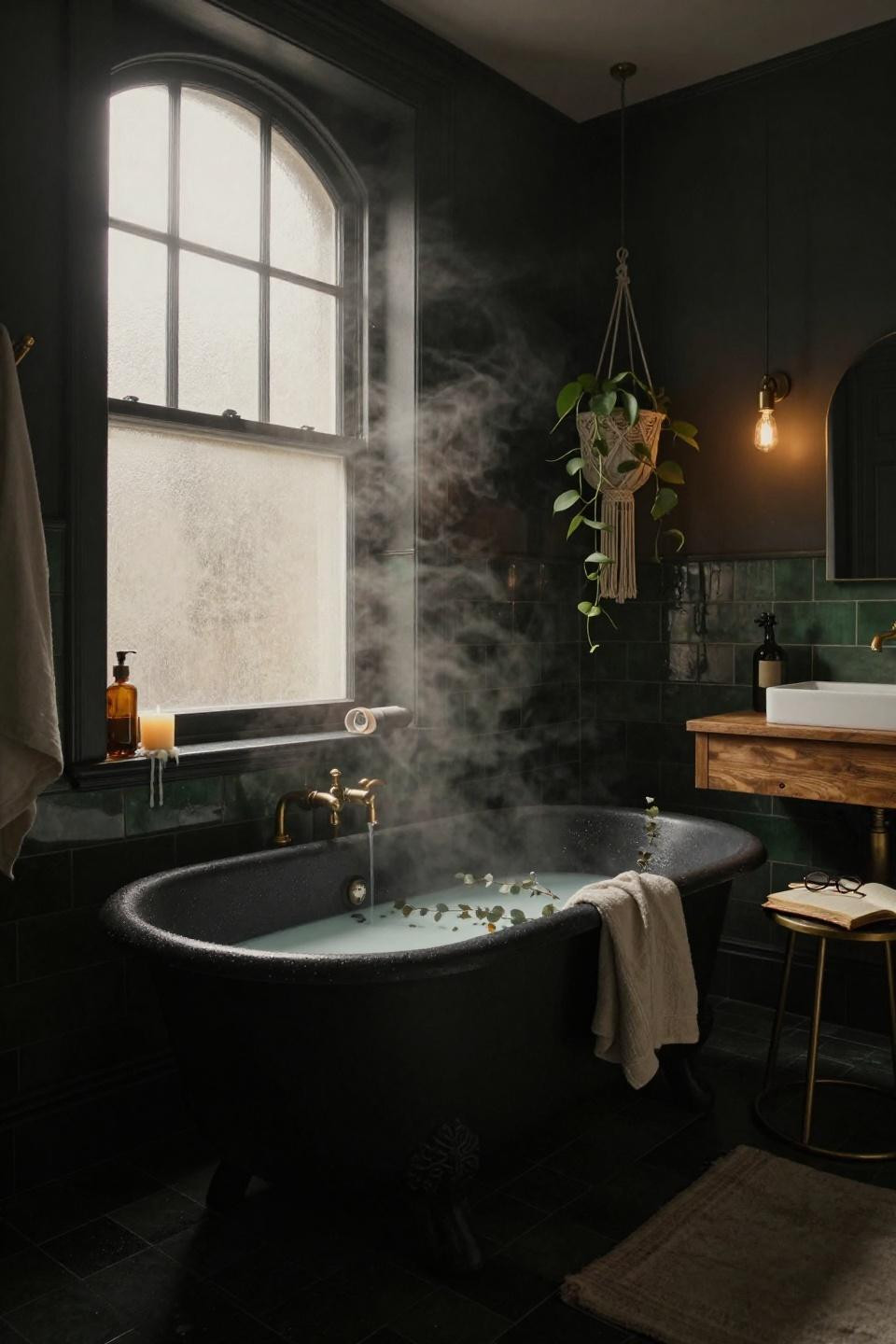 Moody Bathroom - black clawfoot tub with arabesque tile