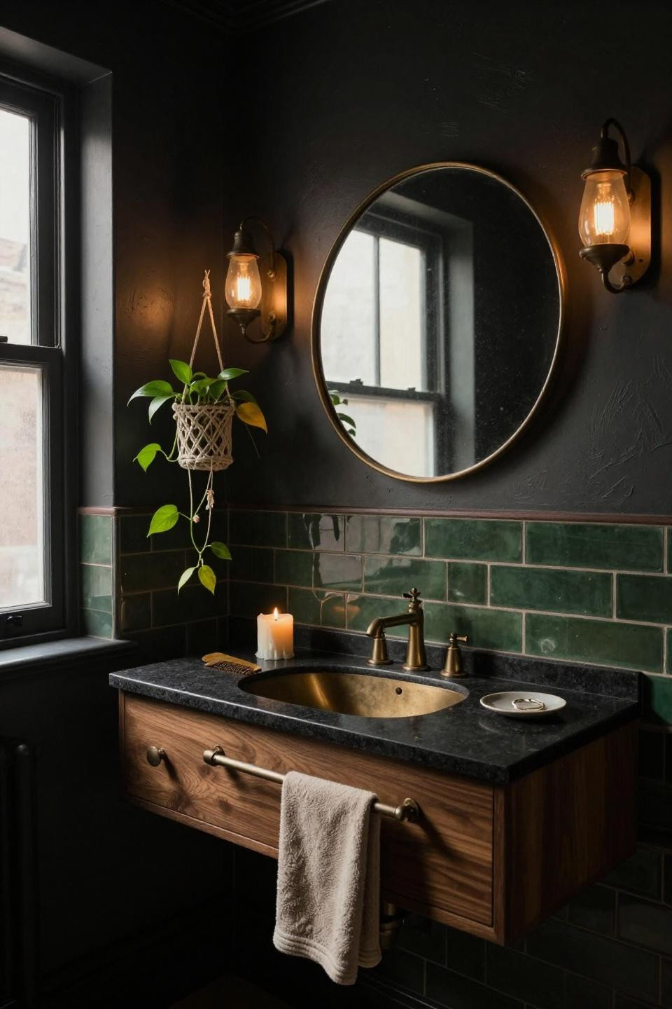 Moody Bathroom - oak vanity with green tile and brass sink