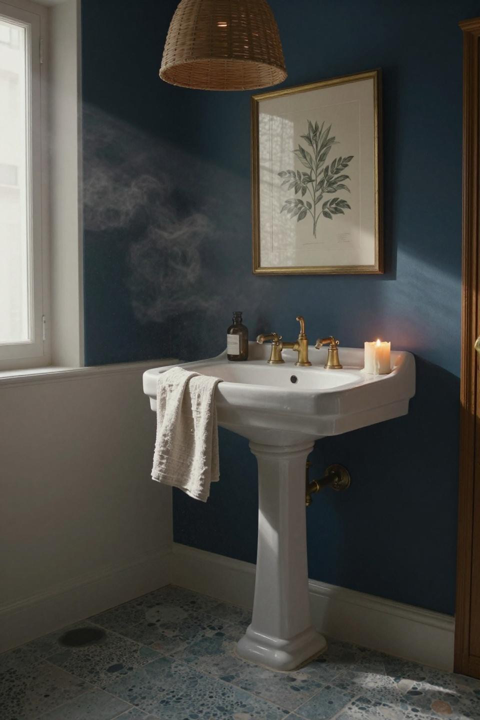 Moody Bathroom - pedestal sink with exposed plumbing