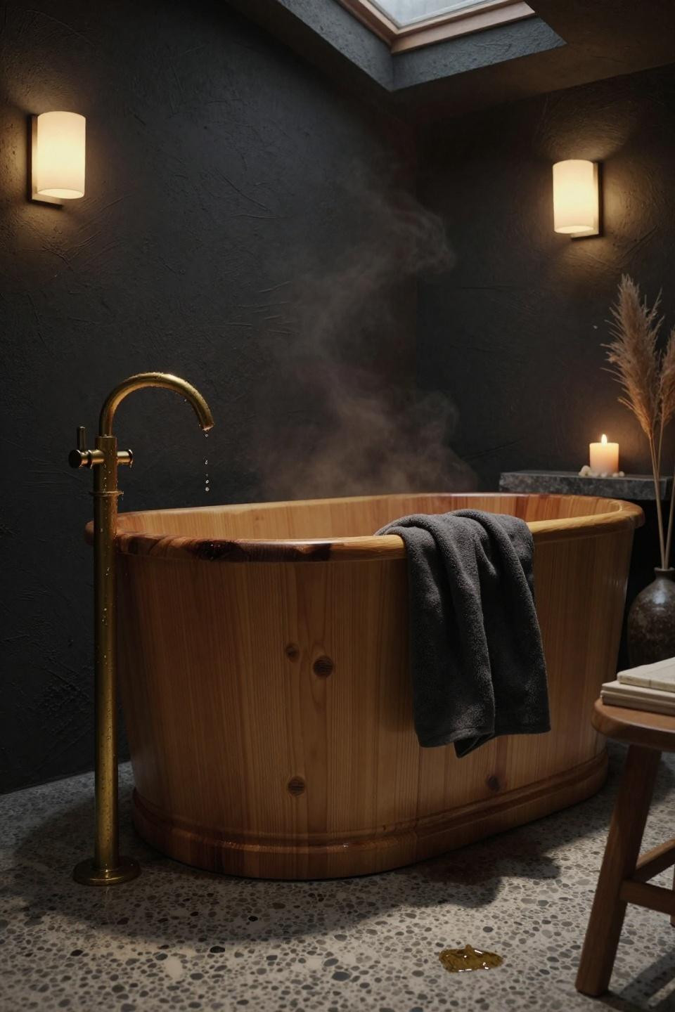 Moody Bathroom - hinoki wood tub with skylight