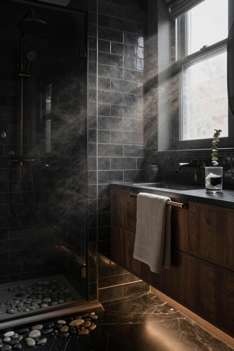 Moody Bathroom - charcoal subway tile with walnut vanity