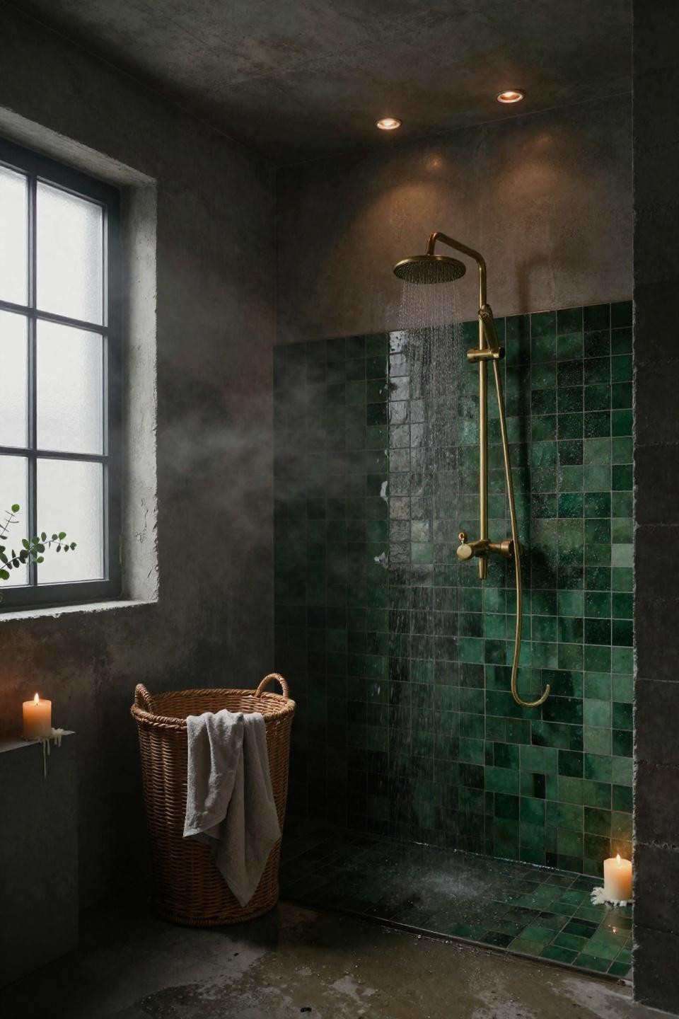 Moody Bathroom - green tile with concrete walls