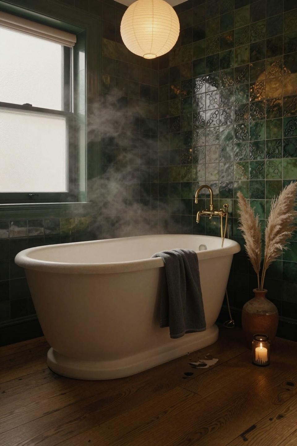 Moody Bathroom - cream tub with arabesque tile