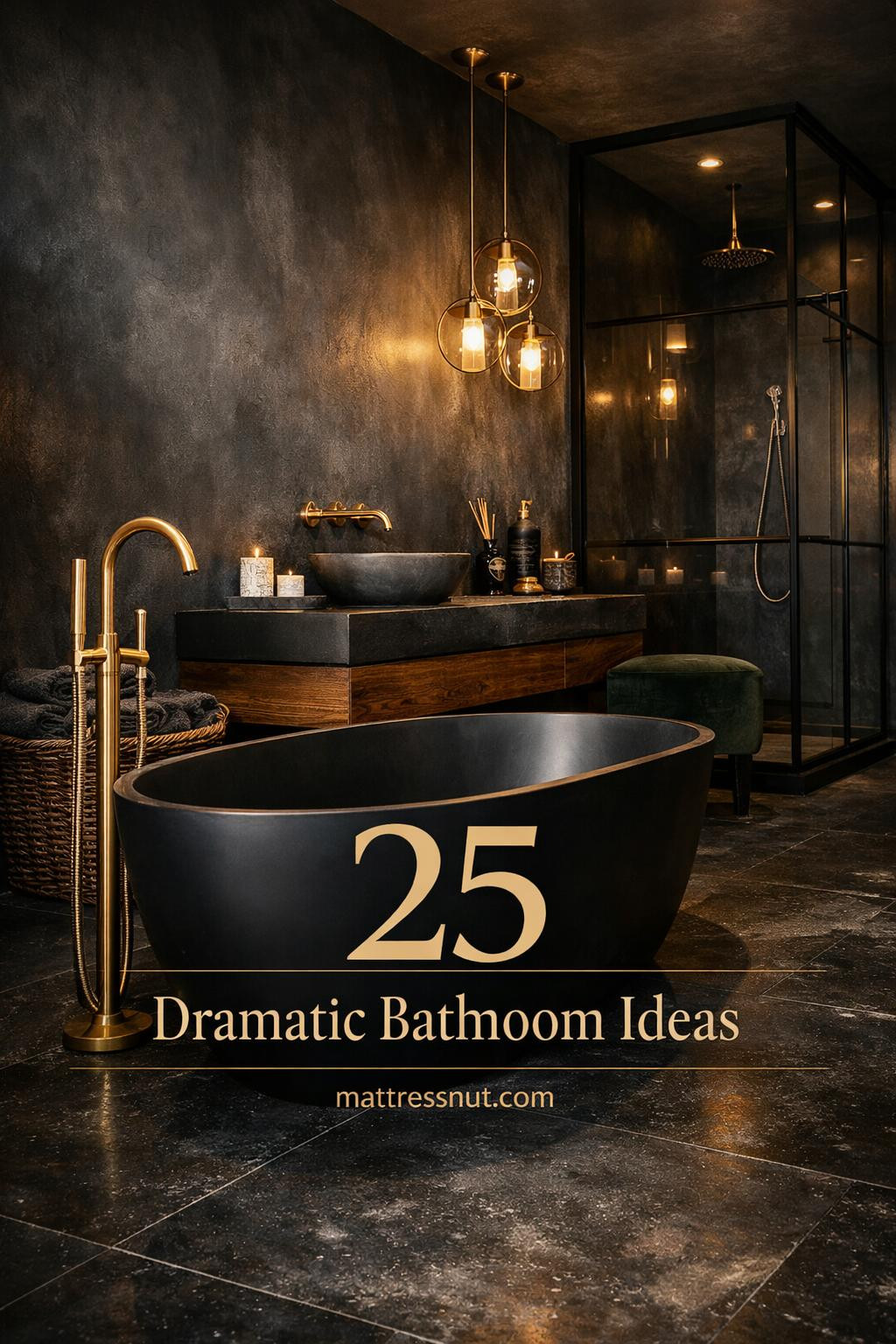 Dark-walled master bathroom featuring matte black fixtures, dim warm lighting, stone surfaces, and steam-filled atmosphere