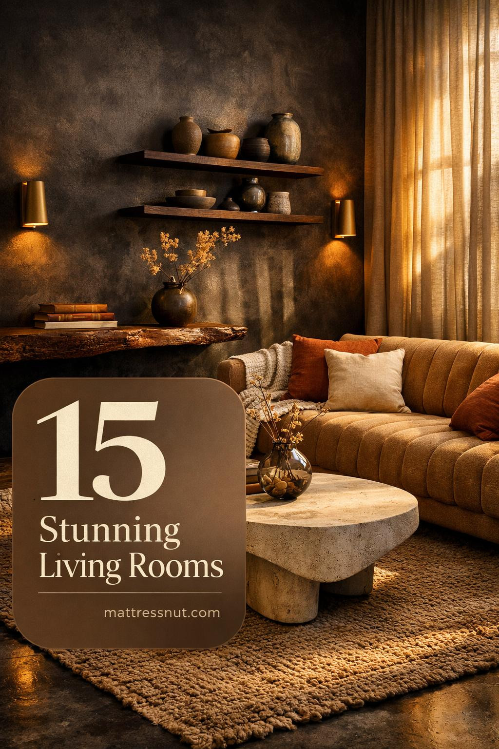 Dark-toned living room featuring natural wood furniture, textured neutral fabrics, ambient lighting, and earthy decor elements