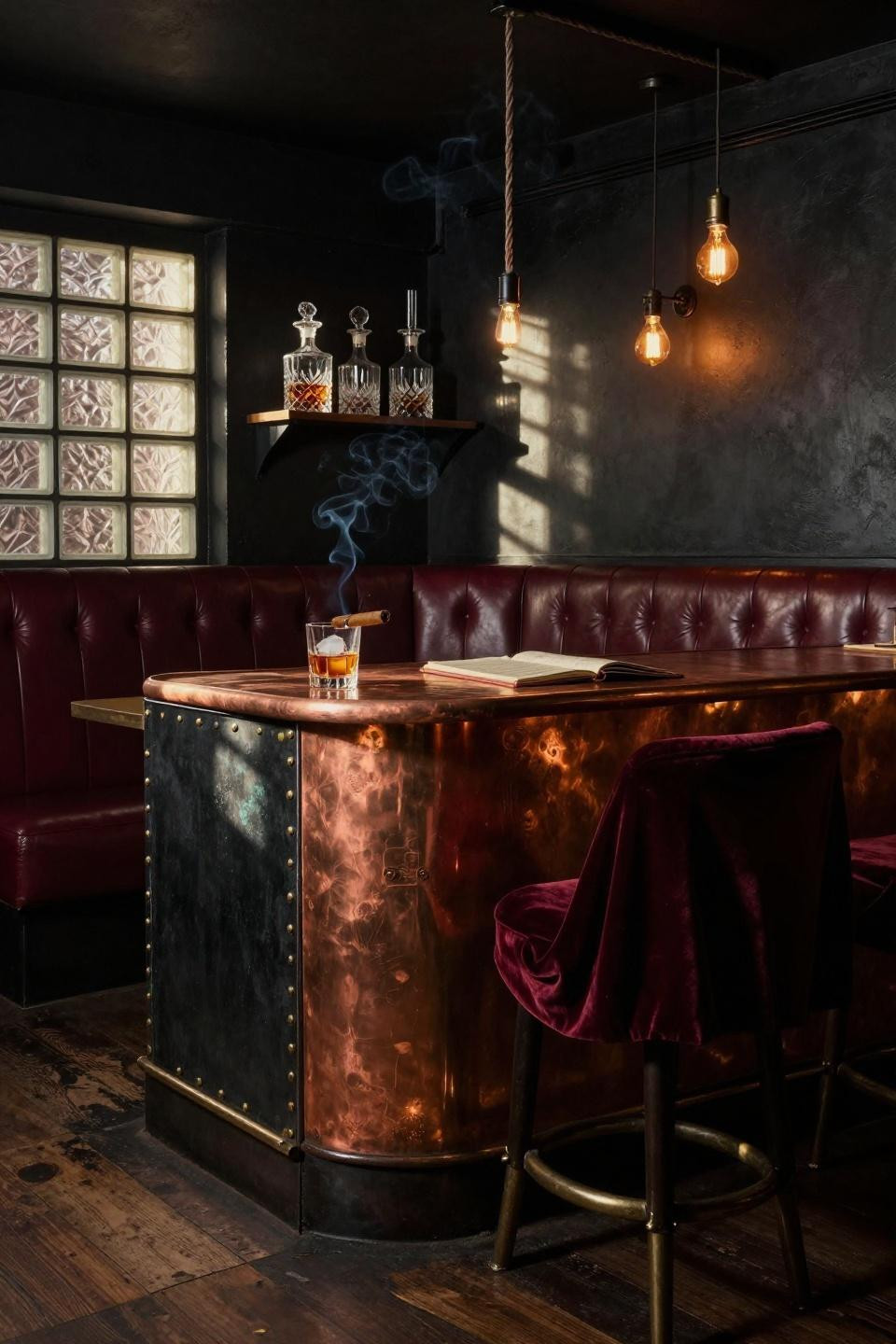 Moody Restaurant Interior - copper-topped bar with volumetric lighting