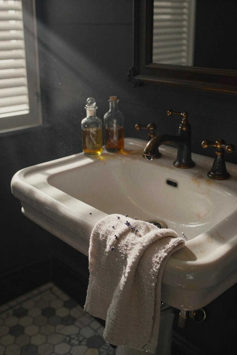 moody modern bathroom with blackened bronze wall-mounted faucets above white porcelain trough sink and hexagonal carrara marble floor