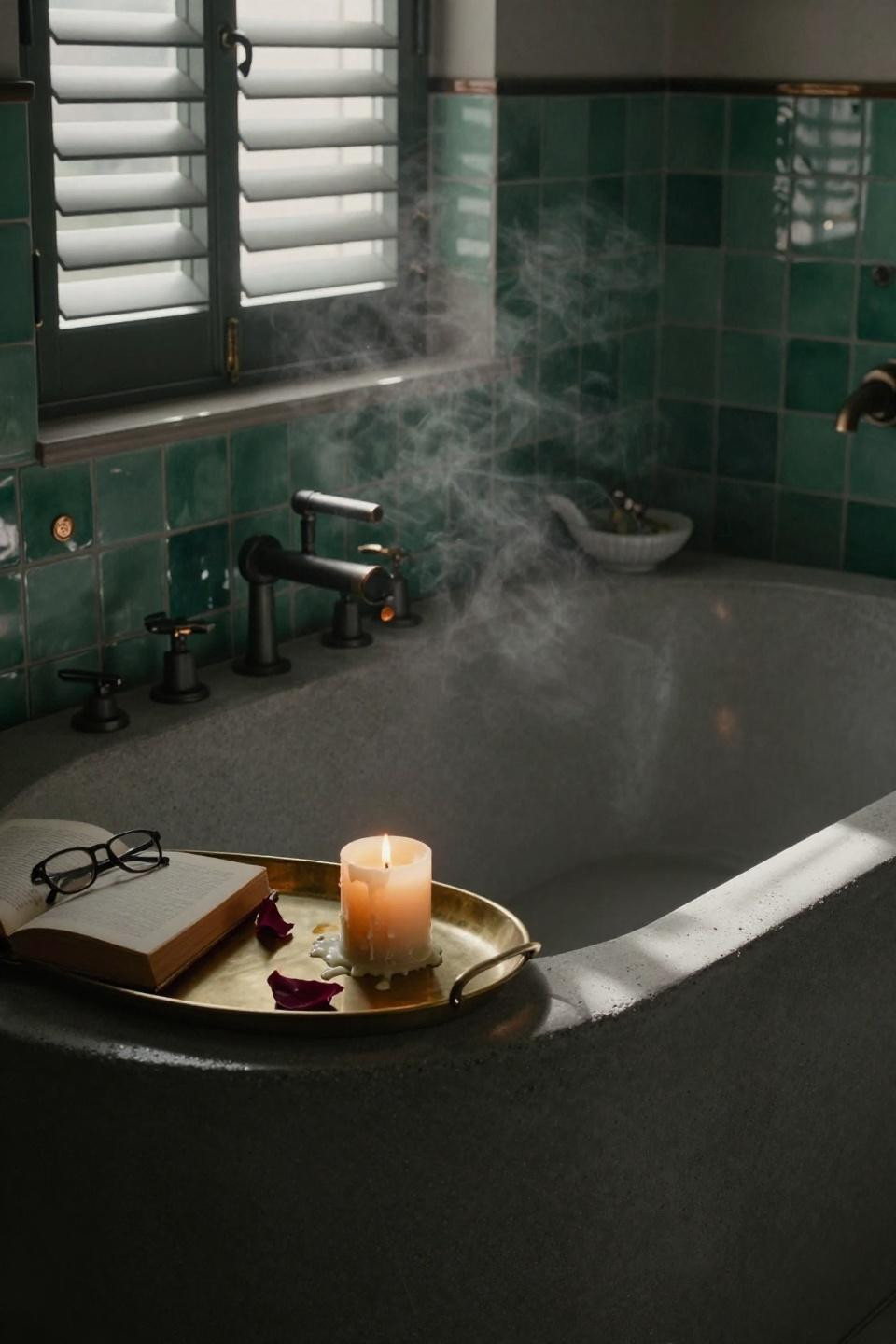 dark cottagecore bathroom with sculptural poured concrete soaking tub surrounded by handset celadon green zellige tiles