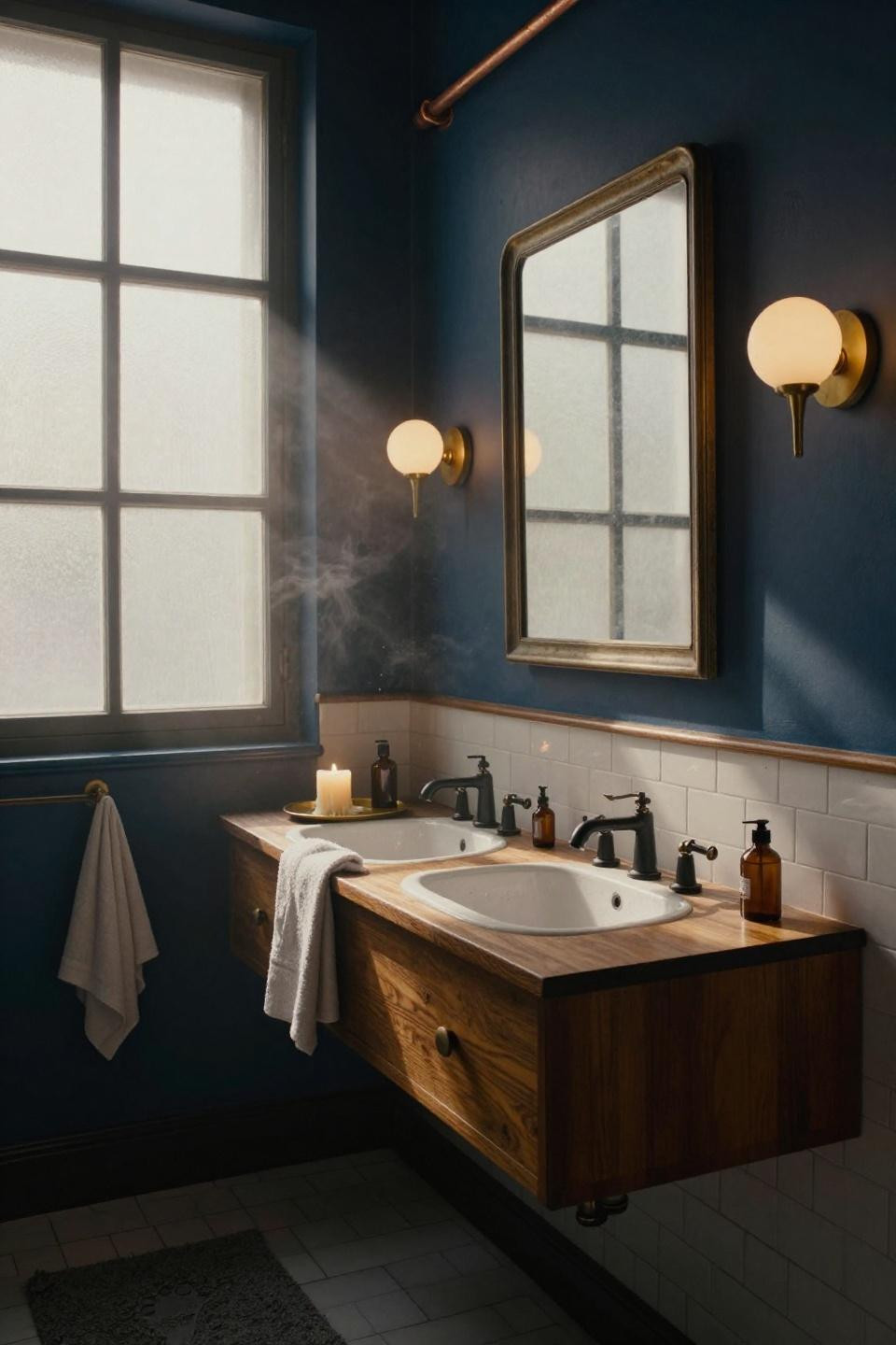 vintage bathroom ideas featuring floating double vanity in aged walnut with white porcelain basins and brass orb sconces