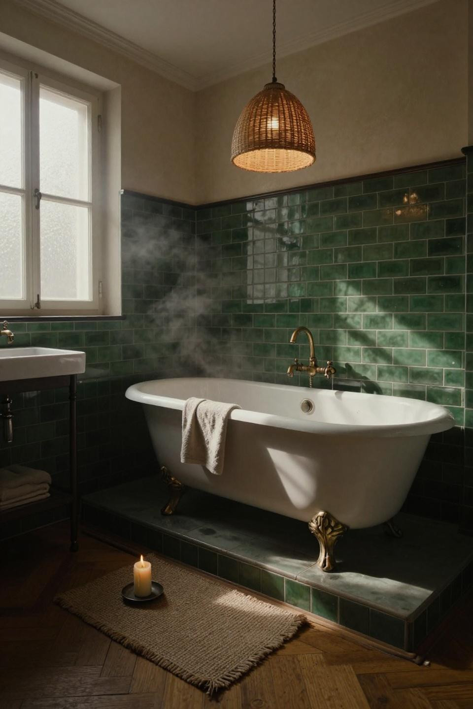 small vintage bathroom with freestanding porcelain clawfoot tub positioned in sunken step-down alcove with rattan pendant lamp