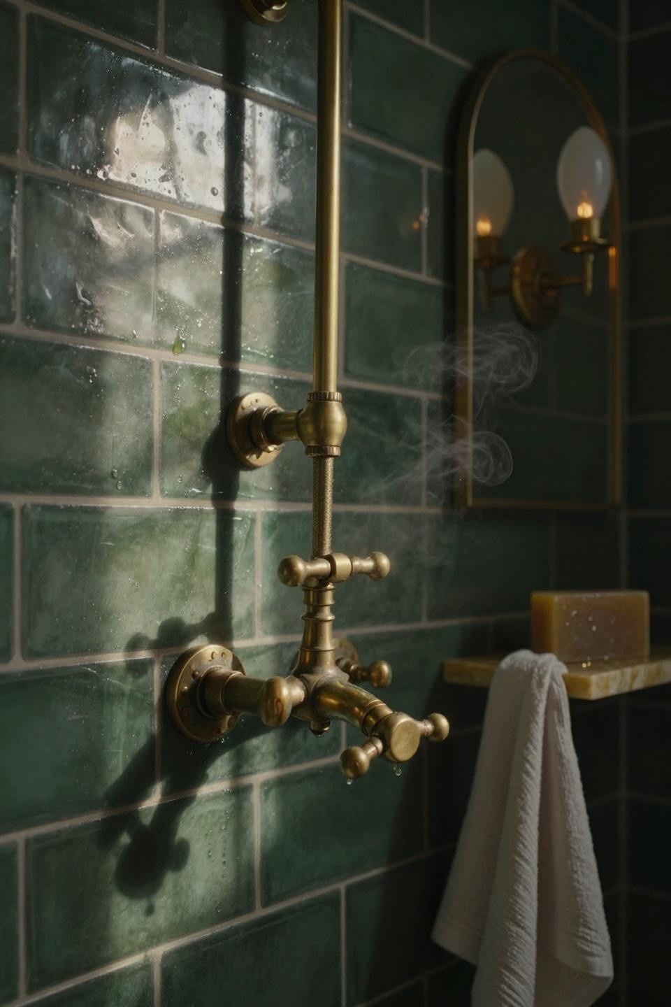 dark moody powder room with aged brass cross-handle shower fixture on forest green 3x6 subway tile