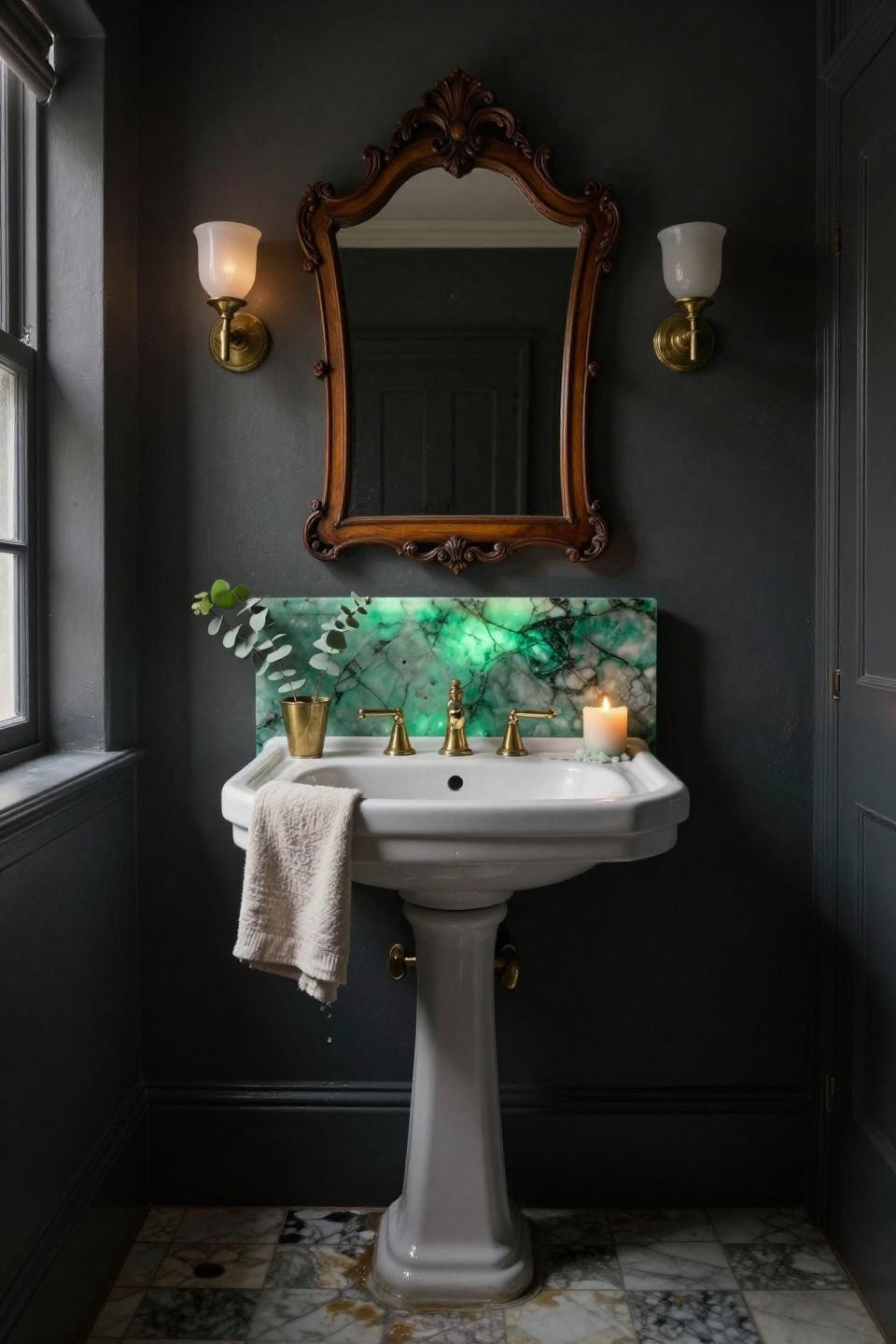 small moody bathroom with backlit jade green onyx panel behind white pedestal sink and brass wall sconces