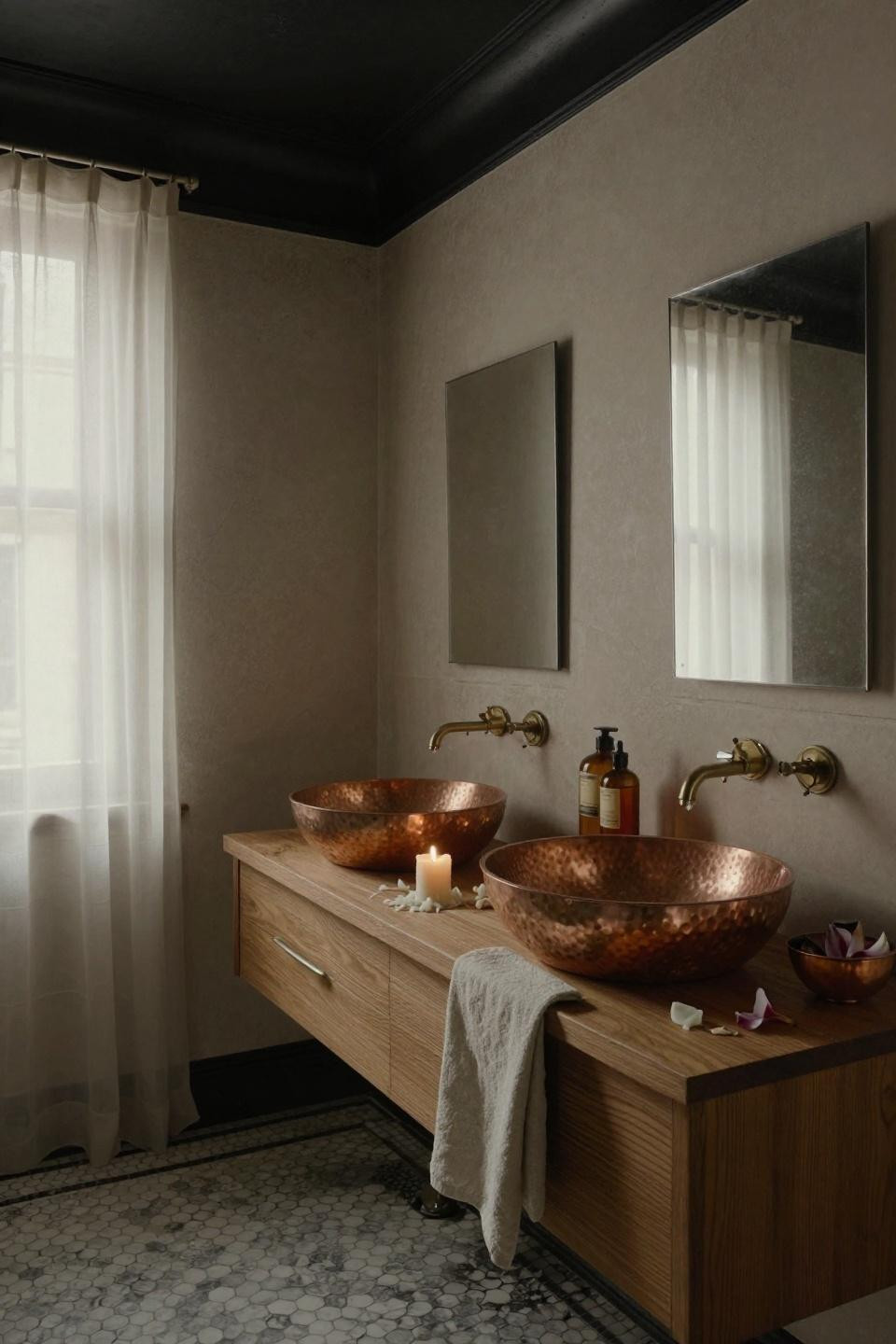 moody master bath with twin hammered copper vessel sinks and unlacquered brass fixtures on honey oak vanity