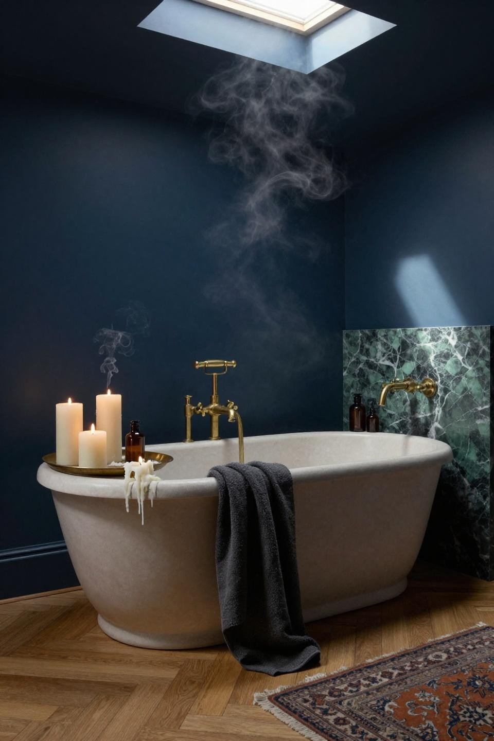 dark moody bathroom ideas with freestanding matte stone resin tub centered on herringbone oak floors with verde alpi marble accent panel