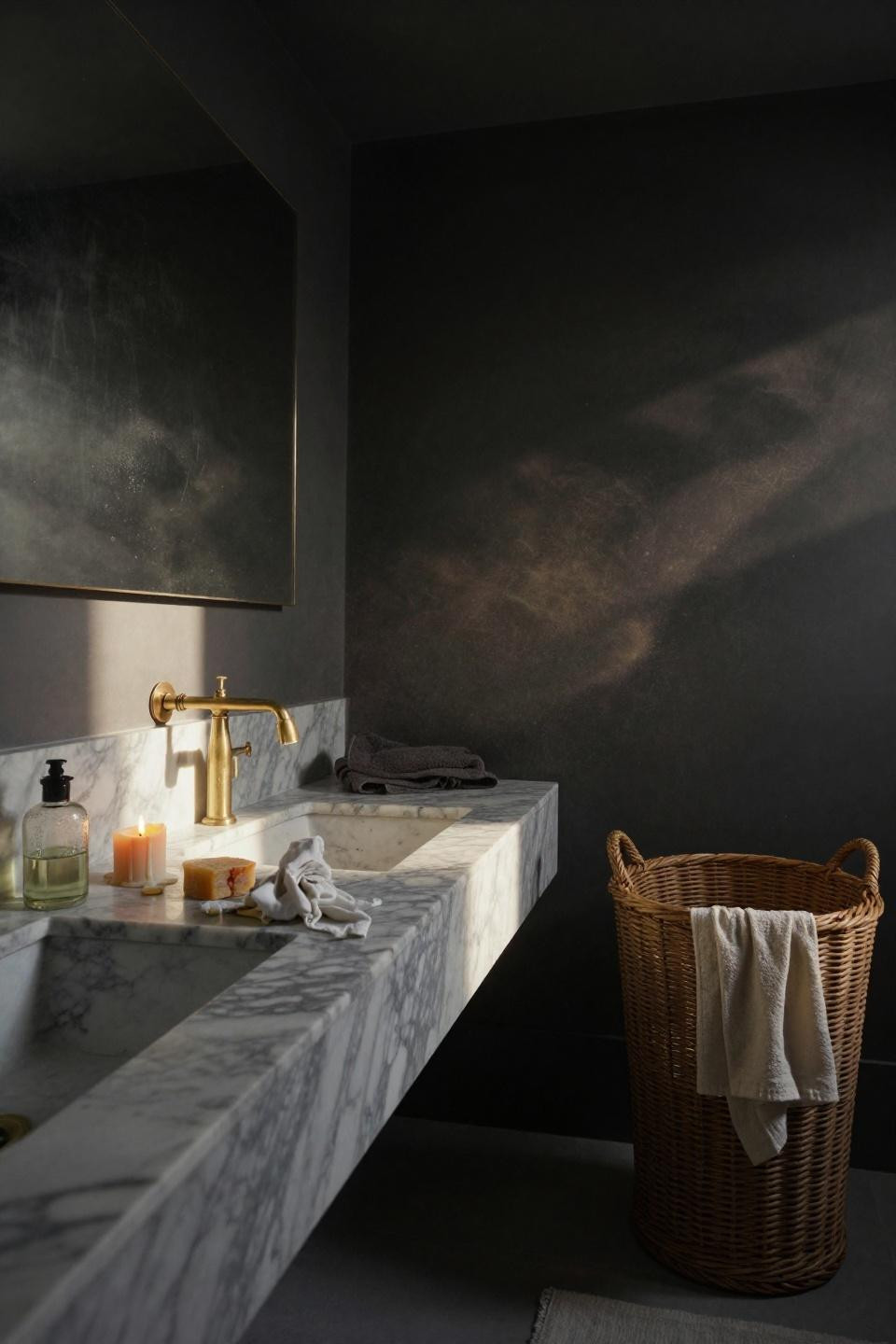 vintage bathroom inspiration with massive floating honed carrara marble vanity slab appearing to levitate against charcoal walls