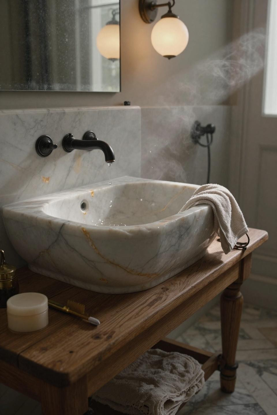 small moody bathroom with hand-carved statuario marble basin on weathered oak vanity and full-height marble backsplash with blackened bronze faucet